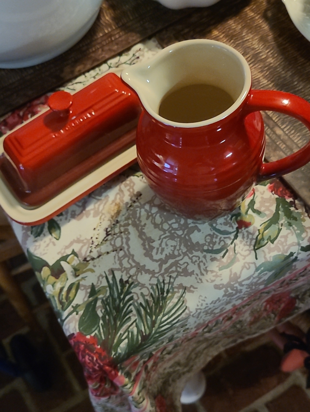 Red Ceramic Pitcher and Butter Dish - LeCreuset Both Are Le Creuset